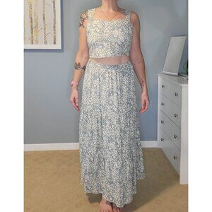 MIMI CHICA Powder Blue Floral Two Piece Peasant Skirt Set L